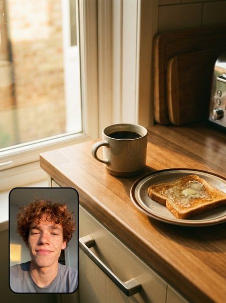 One week of daily captures, stacked. The first is a morning: coffee and toast on a sunlit counter, with a small selfie tucked into the corner of the frame.