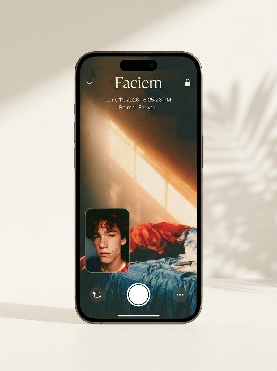 The Faciem capture screen on an iPhone: a warm sunlit room from the rear camera with a small front-camera selfie tucked into the corner.